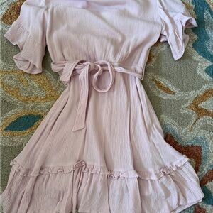 Ruffled Short Sleeve Tie-Waist Mini Dress - Pale Pink